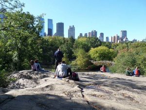 Central Park w Nowym Jorku wieżowce zieleń ludzie siedzą skały woda