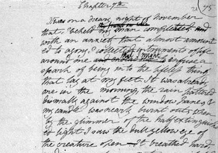 rękopis powieści Frankenstein ciekawostki o Frankensteinie Mary Shelley