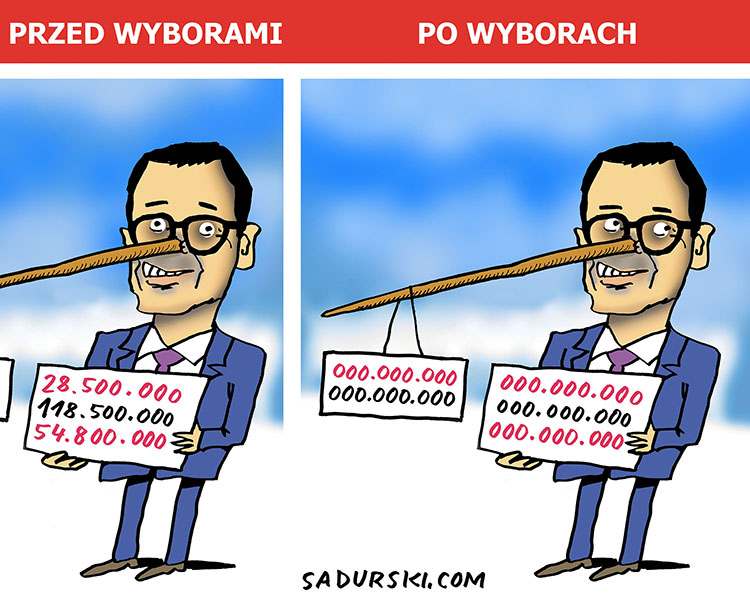 lipiec Mateusz Morawiecki premier pinokio karykatura rysunek satyryczny humor